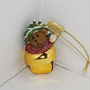 BOYDS BEARS Mini Ornament Goldtone Jingle Bell  Brown Bear Santa Hat
